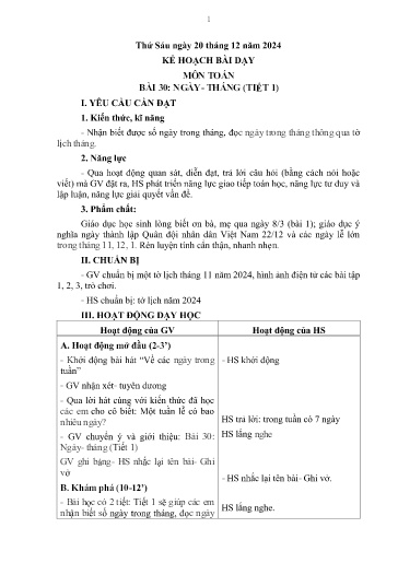 Kế hoạch bài dạy Toán Lớp 2 (Kết nối tri thức) - Bài 30: Ngày-Tháng (Tiết 1) - Năm học 2024-2025