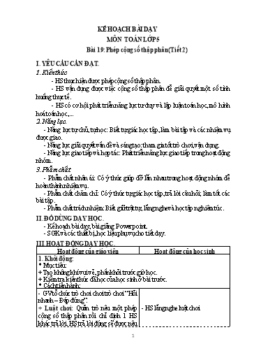 Kế hoạch bài dạy Toán Lớp 5 (Kết nối tri thức) - Bài 19: Phép cộng số thập phân (Tiết 2) - Năm học 2024-2025 - Trần Thị Thúy