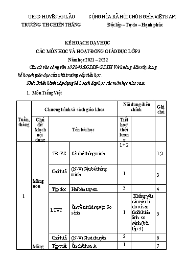 Kế hoạch dạy học Lớp 3 - Năm học 2021-2022 - Trường Tiểu học Chiến Thắng