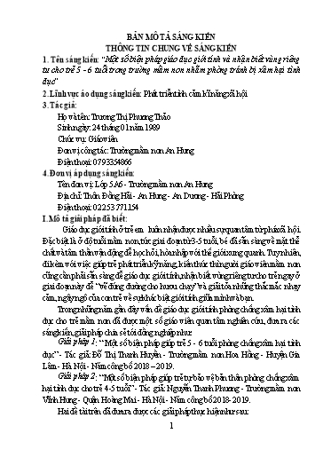 Một số biện pháp giáo dục giới tính và nhận biết vùng riêng tư cho trẻ 5-6 tuổi trong trường mầm non nhằm phòng tránh bị xâm hại tình dục - Trương Thị Phương Thảo