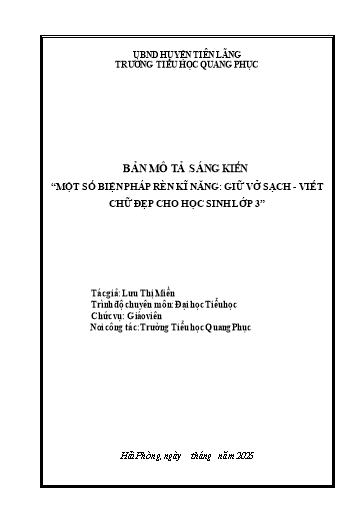 Một số biện pháp rèn kĩ năng: Giữ vở sạch - Viết chữ đẹp cho học sinh lớp 3 - Lưu Thị Miền