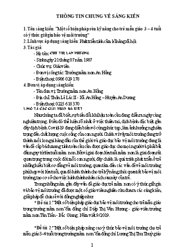 Một số biện pháp rèn kỹ năng cho trẻ mẫu giáo 3-4 tuổi có ý thức giữ gìn bảo vệ môi trường - Chu Thị Lan Phương