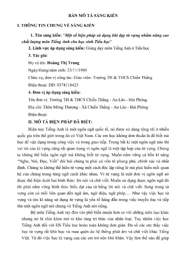 Một số biện pháp sử dụng khi dạy từ vựng nhằm nâng cao chất lượng môn Tiếng Anh cho học sinh Tiểu học