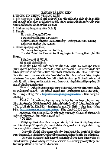 Một số giải pháp chỉ đạo giáo viên khai thác, sử dụng hiệu quả các nền tảng công nghệ, kho học liệu video, audio, bài tập hướng dẫn phụ huynh chăm sóc giáo dục trẻ tại gia đình - Dương Thị Thủy