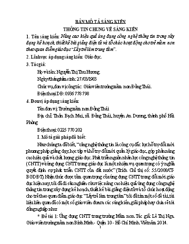 Nâng cao hiệu quả ứng dụng công nghệ thông tin trong xây dựng kế hoạch, thiết kế bài giảng điện tử và tổ chức hoạt động cho trẻ mầm non theo quan điểm giáo dục Lấy trẻ làm trung tâm - Nguyễn Thị Thu Hương